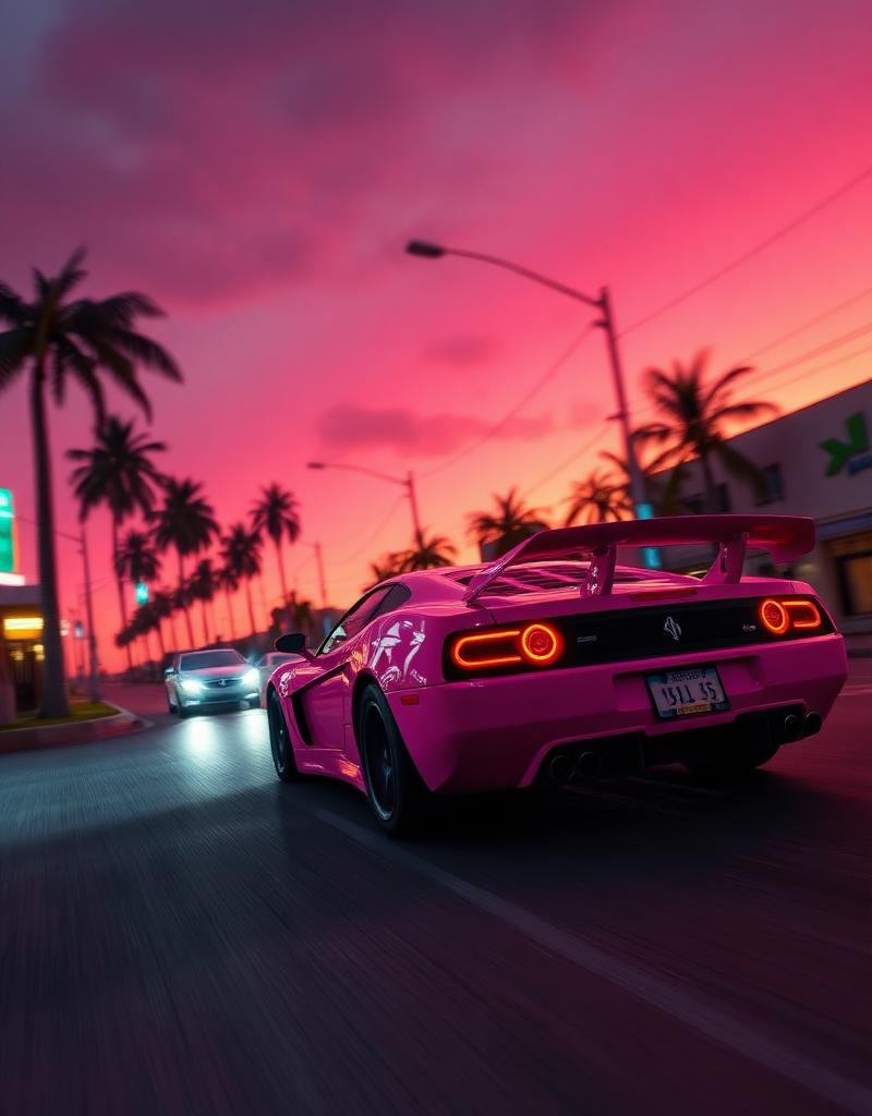 Pink sportscar speeding through a neon Vice City street at dusk